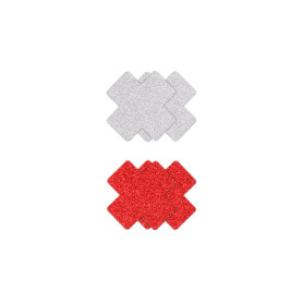 Cross-shaped nipple covers Pasties Glitter Cross 2 Pair Red & silver