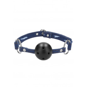 Bite Breathable Ball Gag With Roughend Denim Straps Blue