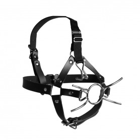 Head Harness with Spider Gag and Nose Hooks Black