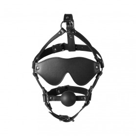 Blindfolded Head Harness with Solid Ball Gag Black