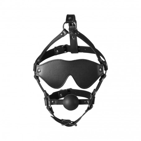 Blindfolded Head Harness with Solid Ball Gag Black