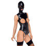 Bodysuit with suspender belt and bdsm mask