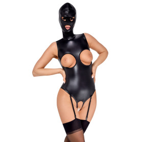 Bodysuit with suspender belt and bdsm mask