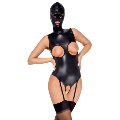 Bodysuit with suspender belt and bdsm mask