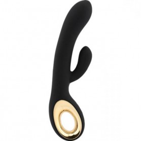 Double black rabbit vibrator with silicone clitoral stimulator and rechargeable vibrating dildo