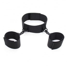 Constrictive easy cuffs collar arms restraint black collar with handcuffs sexy bondage harness fetish black