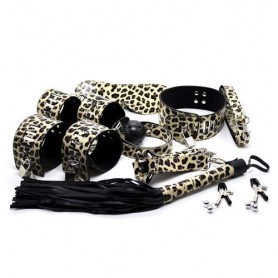 Wild bondage kit leopard set fetish leash handcuffs bite anklets whip mask sexy
