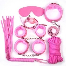 Bondage kit sexy fetish handcuffs rope anklets whip and collar pink