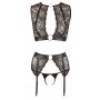 Fetish women's lace underwear set with open thong garter handcuffs and black top