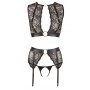 Fetish women's lace underwear set with open thong garter handcuffs and black top