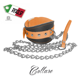 Collar with leash in genuine leather and leather orange fluo bondage man woman
