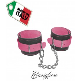 Bondage anklets with steel chain in genuine pink fluo leather