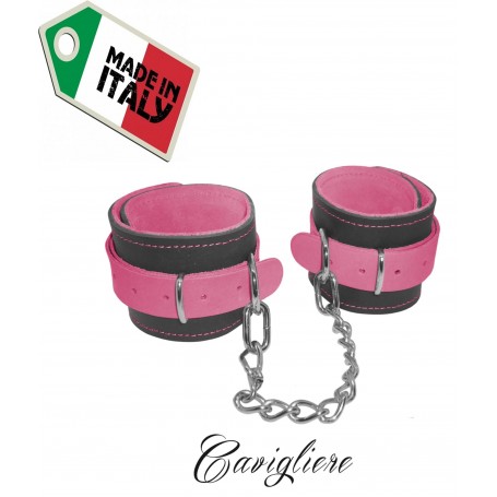 cavigliere bondage con catena acciaio in vera pelle pink fluo